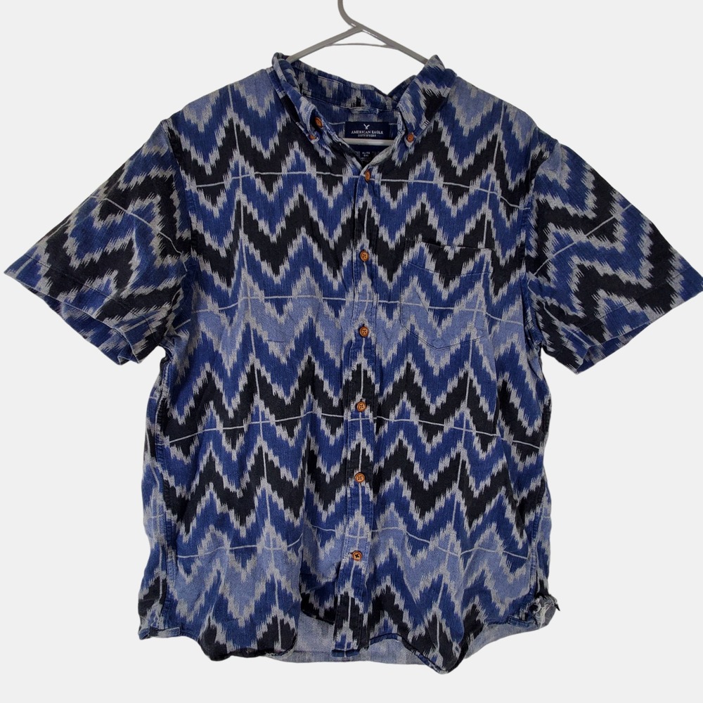 American Eagle Outfitters Classic Fit Shirt Mens Blue Chevron Short Sleeve XL